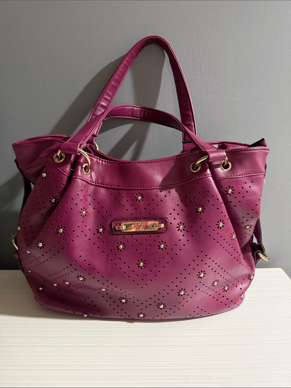 Versace 19V69 Italia Wine Purple Perforated Flower Tote Handbag